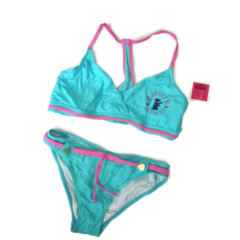 Juicy Couture Girls Crisscross Cami Top Bikini Swimsuit Blue Size 14‎ NWT